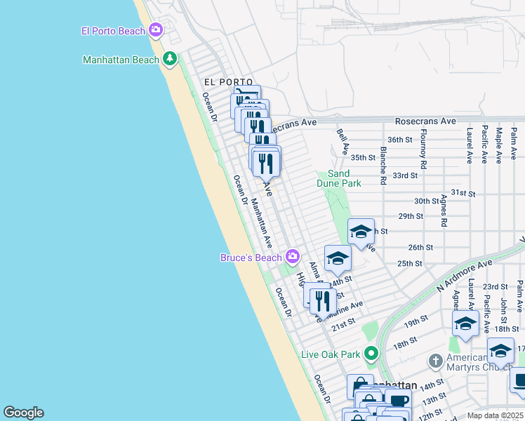 map of restaurants, bars, coffee shops, grocery stores, and more near 121 31st Street in Manhattan Beach