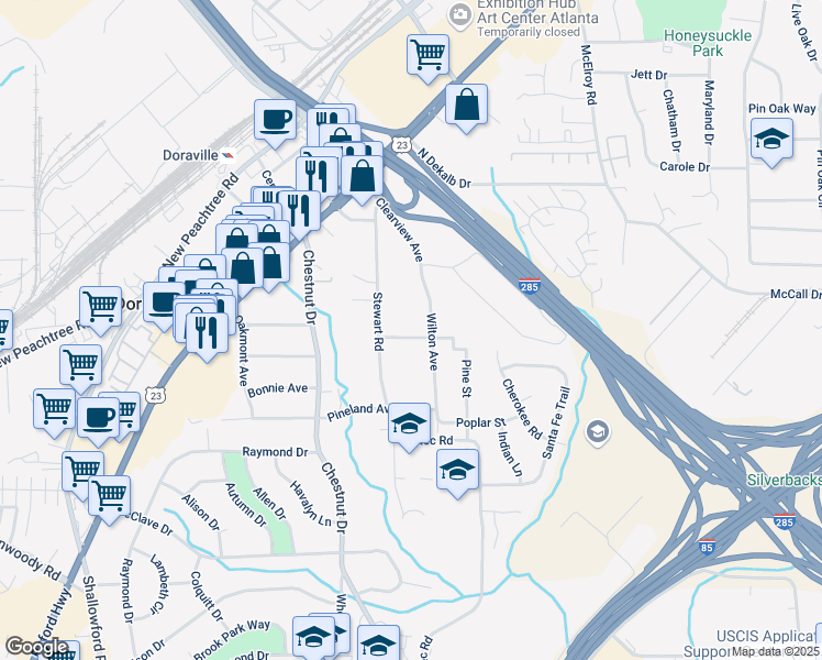 map of restaurants, bars, coffee shops, grocery stores, and more near 3665 Pine Street in Doraville