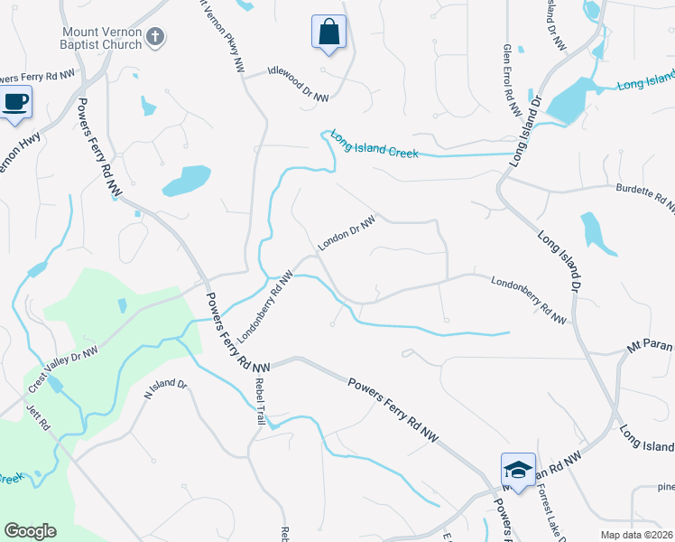map of restaurants, bars, coffee shops, grocery stores, and more near 525 Londonberry Road Northwest in Atlanta