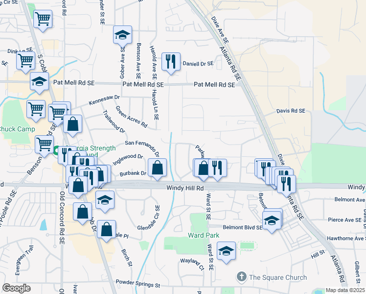 map of restaurants, bars, coffee shops, grocery stores, and more near 810 Parkway Drive in Smyrna
