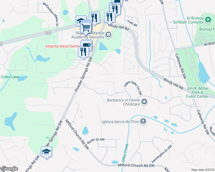 map of restaurants, bars, coffee shops, grocery stores, and more near 2376 June Springs Drive Southwest in Marietta