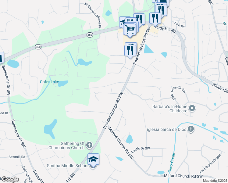 map of restaurants, bars, coffee shops, grocery stores, and more near 1911 Heritage Green Drive Southwest in Marietta