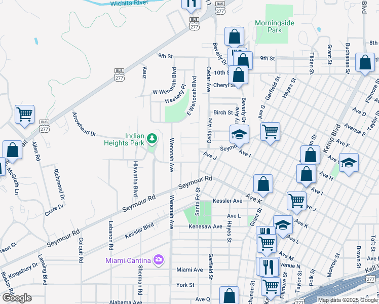 map of restaurants, bars, coffee shops, grocery stores, and more near 3200-3210 Onaway Trail in Wichita Falls