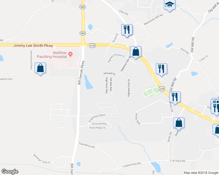 map of restaurants, bars, coffee shops, grocery stores, and more near 118 Hill Side Way in Hiram