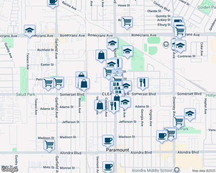 map of restaurants, bars, coffee shops, grocery stores, and more near 7901 Somerset Boulevard in Paramount