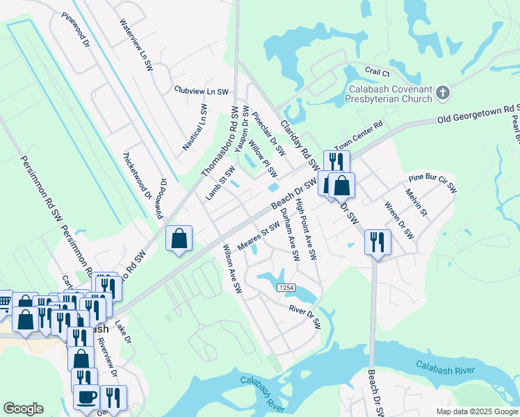 map of restaurants, bars, coffee shops, grocery stores, and more near 9106 Beach Drive Southwest in Calabash