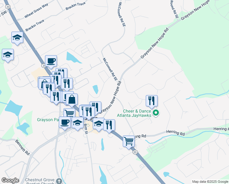 map of restaurants, bars, coffee shops, grocery stores, and more near 66 Grayson New Hope Road in Grayson