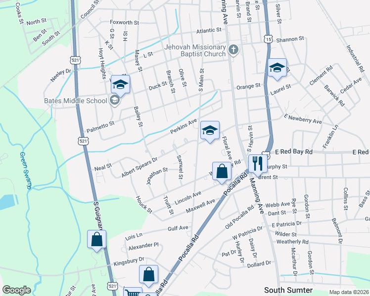 map of restaurants, bars, coffee shops, grocery stores, and more near 28 Albert Spears Drive in Sumter