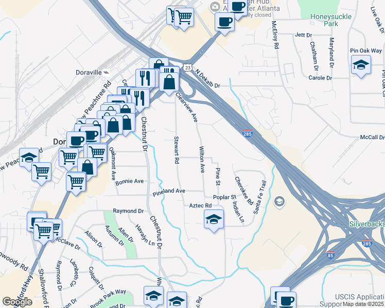 map of restaurants, bars, coffee shops, grocery stores, and more near 3665 Pine Street in Doraville