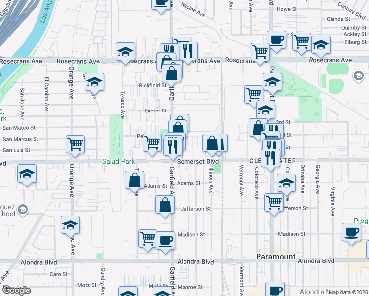 map of restaurants, bars, coffee shops, grocery stores, and more near 14932 Gwenchris Ct in Paramount