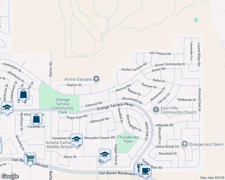 map of restaurants, bars, coffee shops, grocery stores, and more near 8522 Sandhill Drive in Riverside