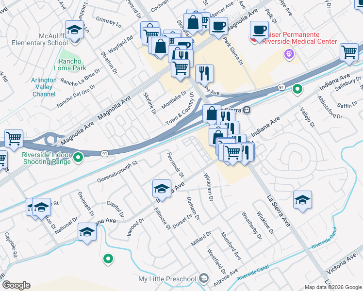 map of restaurants, bars, coffee shops, grocery stores, and more near 11282 Price Court in Riverside