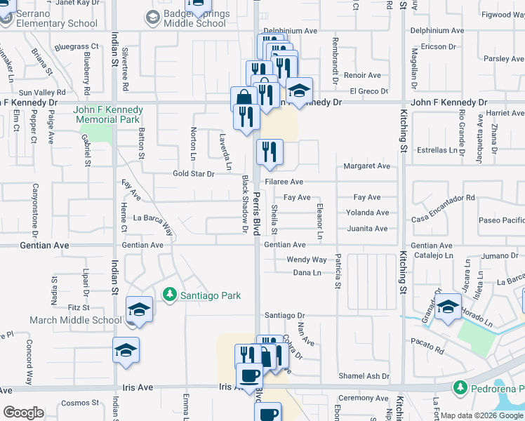 map of restaurants, bars, coffee shops, grocery stores, and more near 15402 Black Shadow Drive in Moreno Valley