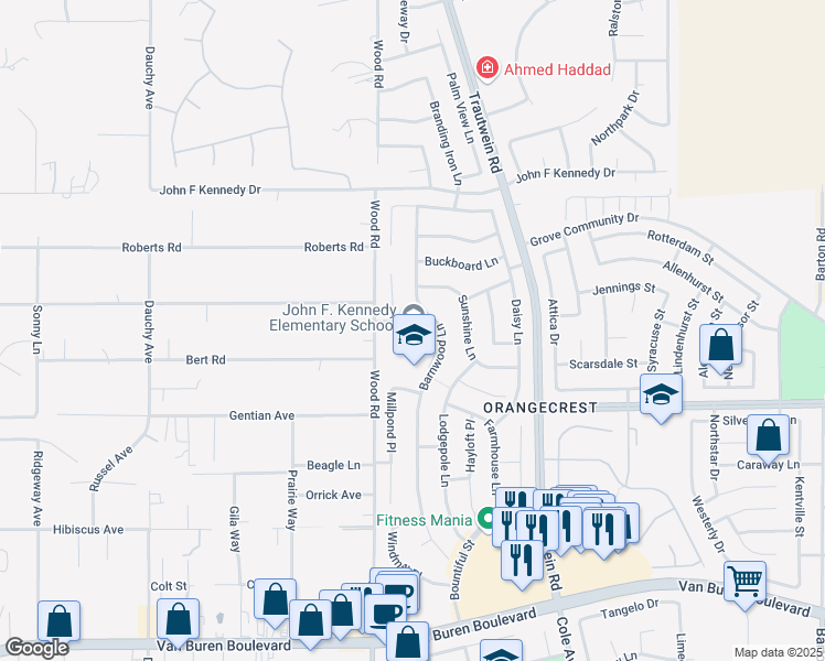 map of restaurants, bars, coffee shops, grocery stores, and more near 19125 Schoolhouse Lane in Riverside