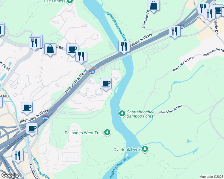 map of restaurants, bars, coffee shops, grocery stores, and more near 1001 Riverbend Club Drive Southeast in Atlanta