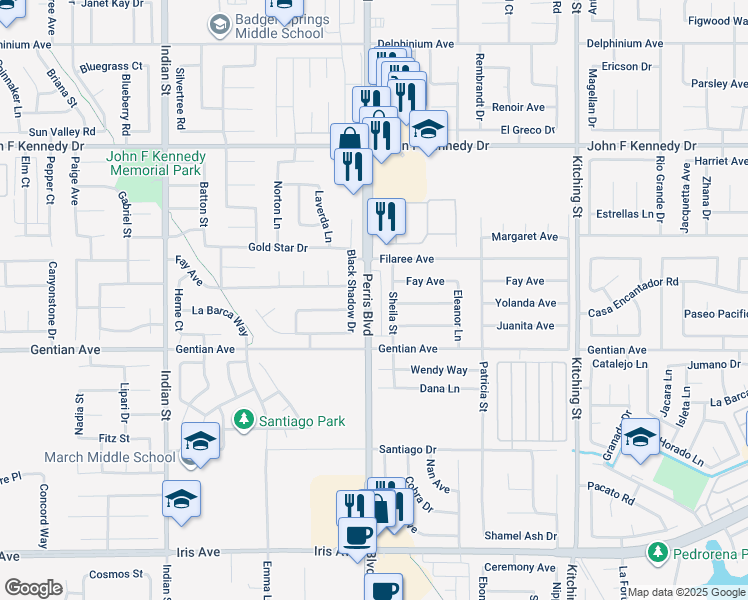 map of restaurants, bars, coffee shops, grocery stores, and more near 15384 Perris Boulevard in Moreno Valley