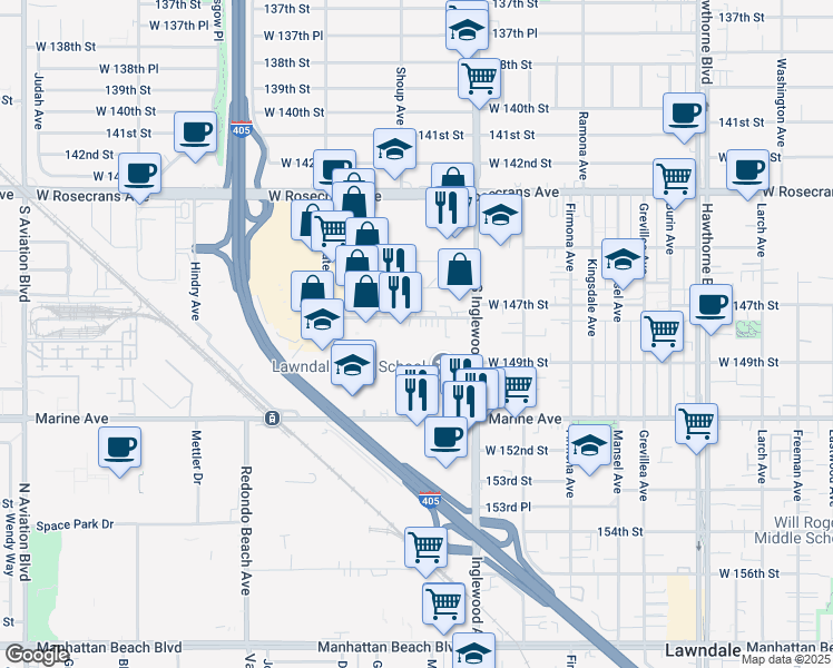 map of restaurants, bars, coffee shops, grocery stores, and more near 4940 West 147th Street in Hawthorne