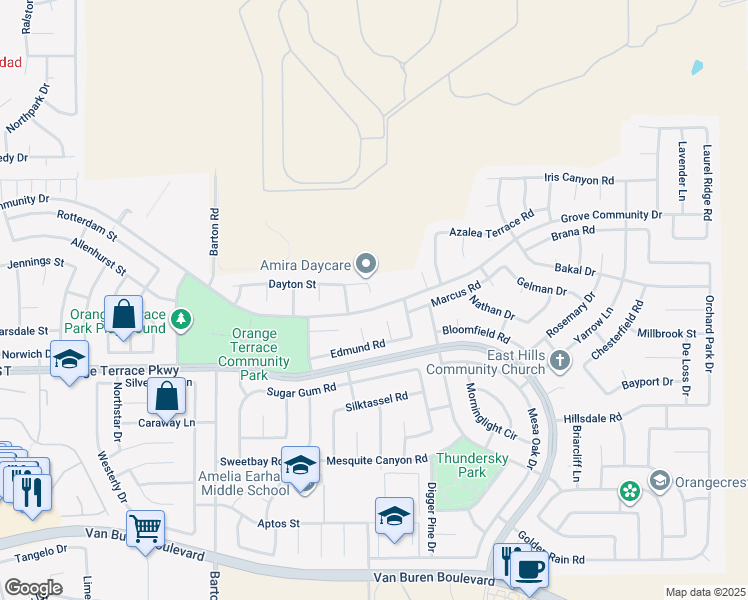 map of restaurants, bars, coffee shops, grocery stores, and more near 8444 Applegate Court in Riverside