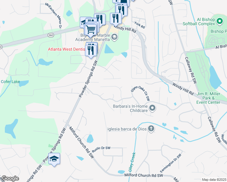 map of restaurants, bars, coffee shops, grocery stores, and more near 2376 June Springs Drive Southwest in Marietta