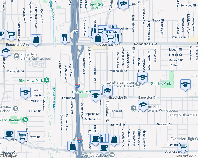 map of restaurants, bars, coffee shops, grocery stores, and more near 14713 Lefloss Avenue in Norwalk
