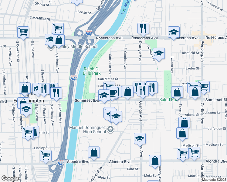 map of restaurants, bars, coffee shops, grocery stores, and more near 6611 San Luis Street in Paramount