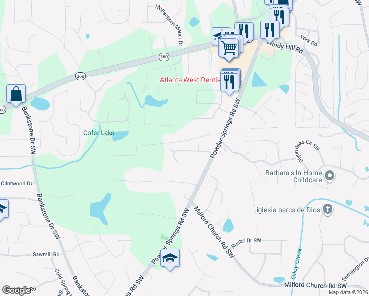 map of restaurants, bars, coffee shops, grocery stores, and more near 1970 Heritage Green Drive Southwest in Marietta