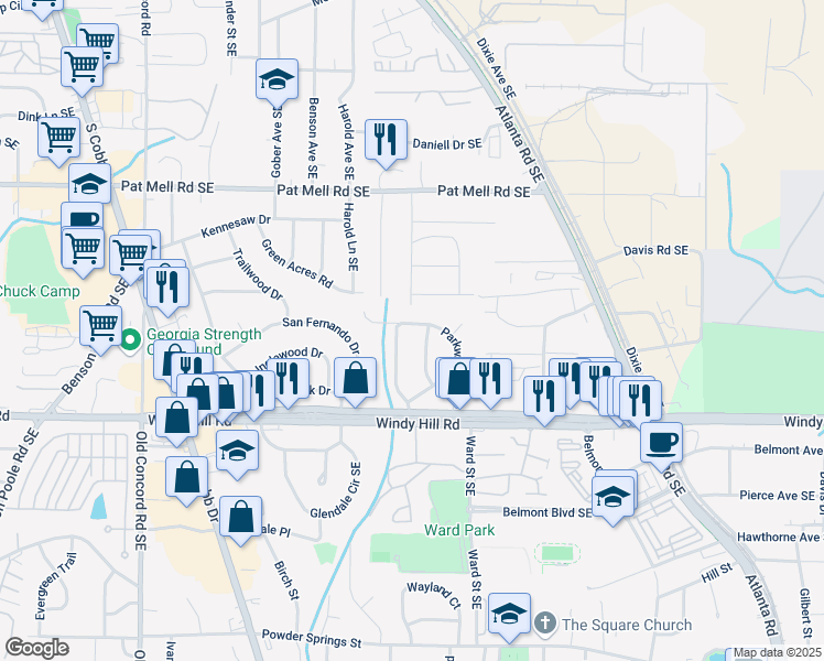 map of restaurants, bars, coffee shops, grocery stores, and more near 810 Parkway Drive in Smyrna