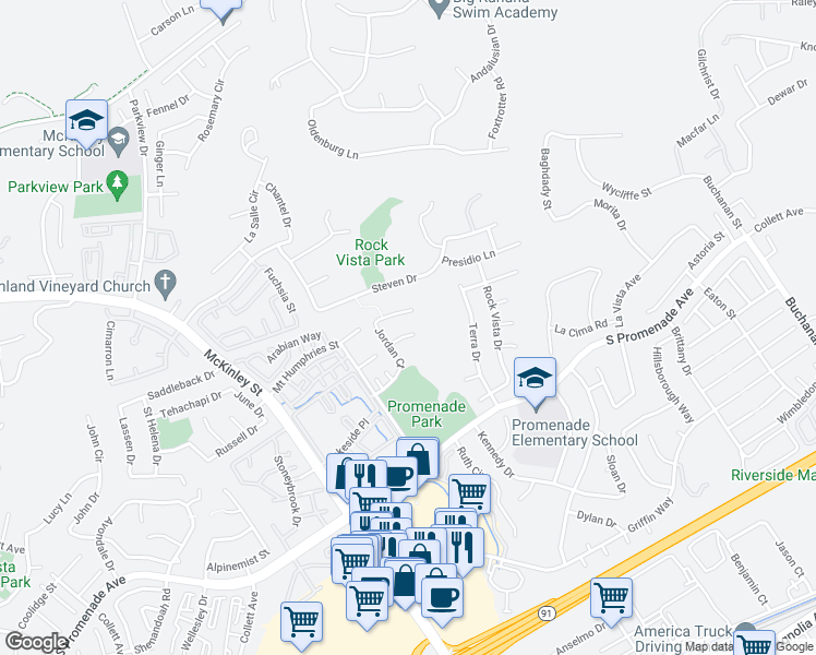 map of restaurants, bars, coffee shops, grocery stores, and more near 2416 Simon Circle in Corona