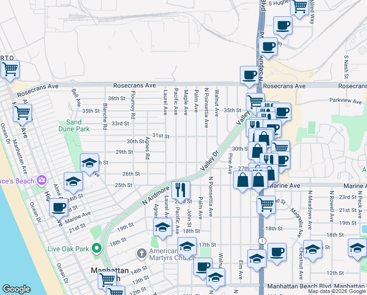 map of restaurants, bars, coffee shops, grocery stores, and more near 2812 Maple Avenue in Manhattan Beach