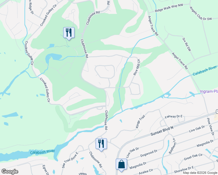 map of restaurants, bars, coffee shops, grocery stores, and more near 297 Rice Mill Cir SW in Sunset Beach