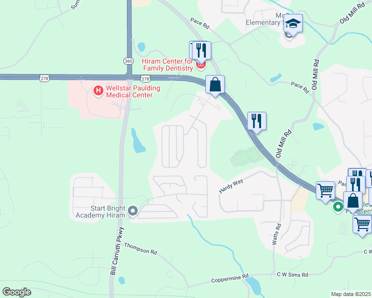 map of restaurants, bars, coffee shops, grocery stores, and more near 504 Hillcrest Circle in Hiram
