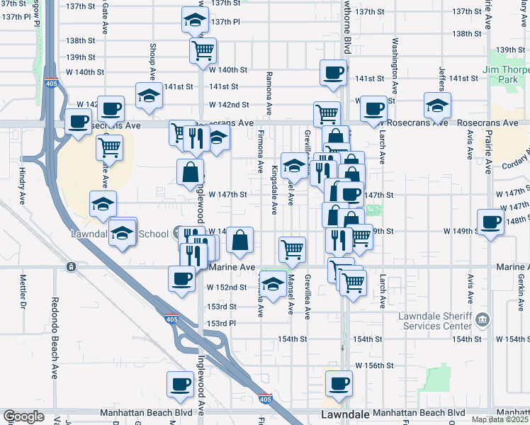map of restaurants, bars, coffee shops, grocery stores, and more near 14730 Firmona Avenue in Lawndale