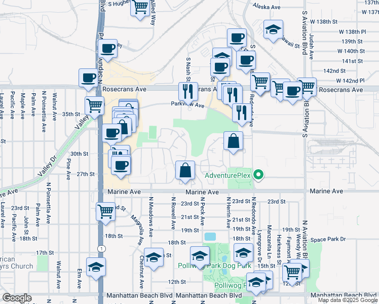 map of restaurants, bars, coffee shops, grocery stores, and more near 14 Fairway Drive in Manhattan Beach