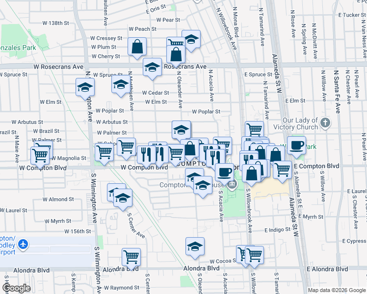 map of restaurants, bars, coffee shops, grocery stores, and more near 427 West Magnolia Street in Compton