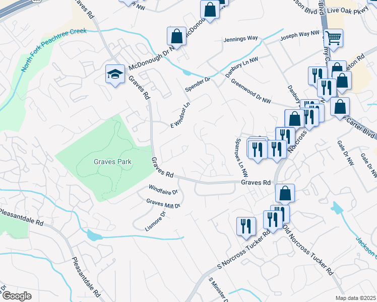 map of restaurants, bars, coffee shops, grocery stores, and more near 6596 Wellington Square in Norcross