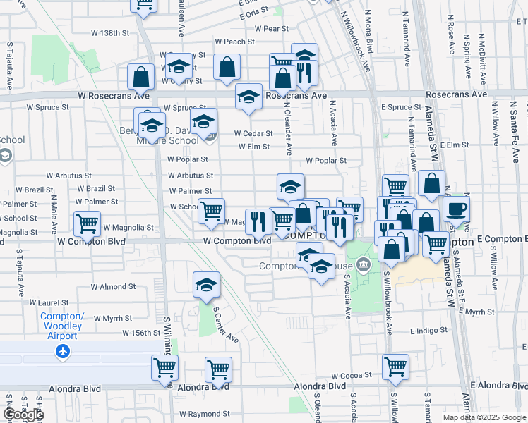 map of restaurants, bars, coffee shops, grocery stores, and more near 462 West School Street in Compton