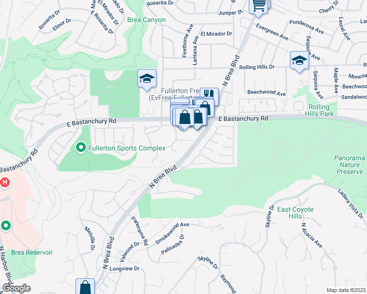 map of restaurants, bars, coffee shops, grocery stores, and more near 2525 North Brea Boulevard in Fullerton
