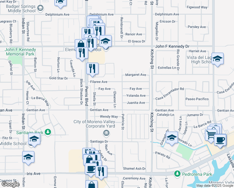 map of restaurants, bars, coffee shops, grocery stores, and more near 15374 Eleanor Lane in Moreno Valley