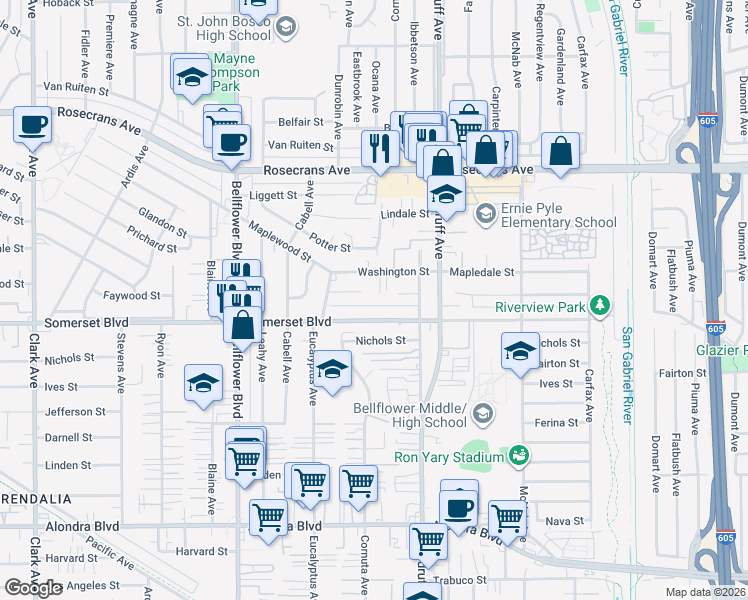 map of restaurants, bars, coffee shops, grocery stores, and more near 10112 Faywood Street in Bellflower