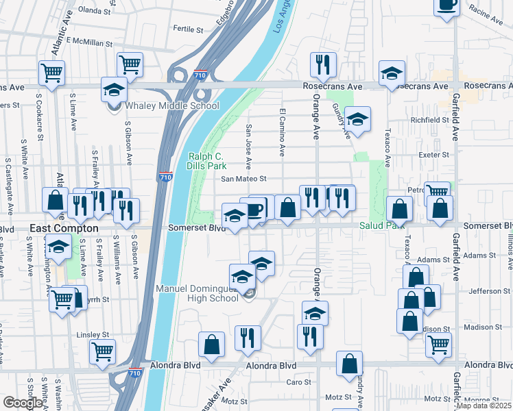 map of restaurants, bars, coffee shops, grocery stores, and more near 6611 San Luis Street in Paramount