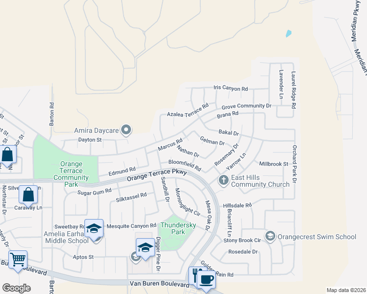 map of restaurants, bars, coffee shops, grocery stores, and more near 20515 Nathan Drive in Riverside