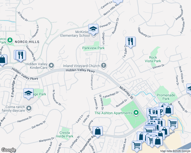 map of restaurants, bars, coffee shops, grocery stores, and more near 933 Cimarron Lane in Corona