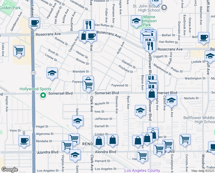 map of restaurants, bars, coffee shops, grocery stores, and more near 9523 Somerset Boulevard in Bellflower