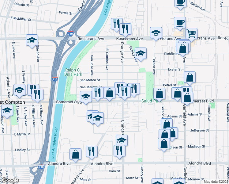 map of restaurants, bars, coffee shops, grocery stores, and more near 6816 San Luis Street in Paramount