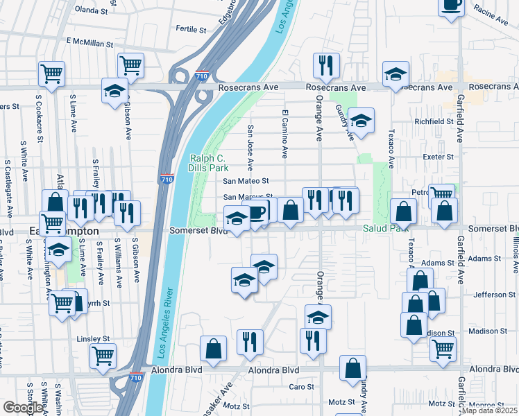 map of restaurants, bars, coffee shops, grocery stores, and more near 6556 San Luis Street in Paramount