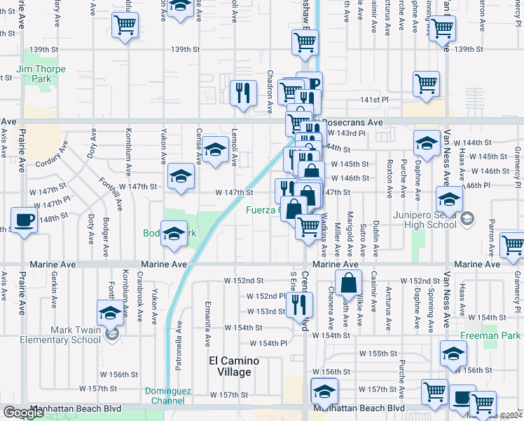 map of restaurants, bars, coffee shops, grocery stores, and more near 14817 Chadron Avenue in Gardena