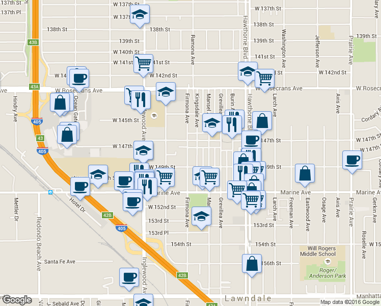 map of restaurants, bars, coffee shops, grocery stores, and more near 14730 Firmona Avenue in Lawndale