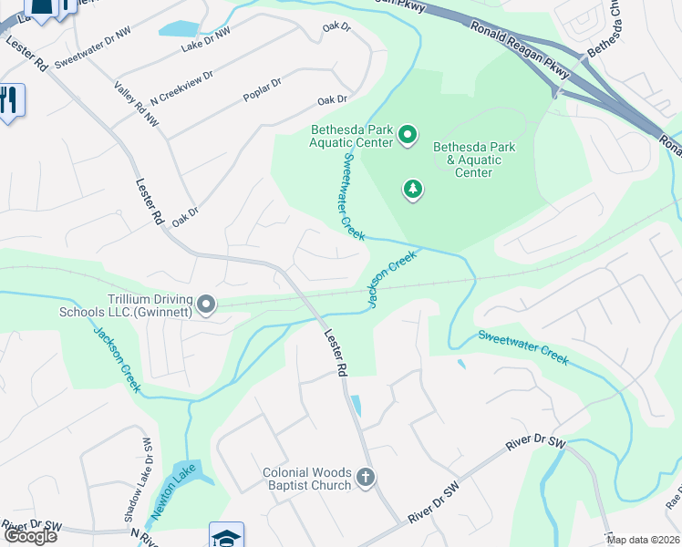 map of restaurants, bars, coffee shops, grocery stores, and more near 3620 Sugarbrook Drive in Lawrenceville