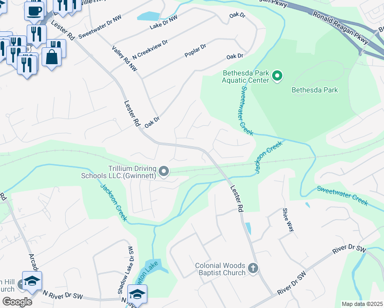 map of restaurants, bars, coffee shops, grocery stores, and more near 65 Lester Road Southwest in Lawrenceville