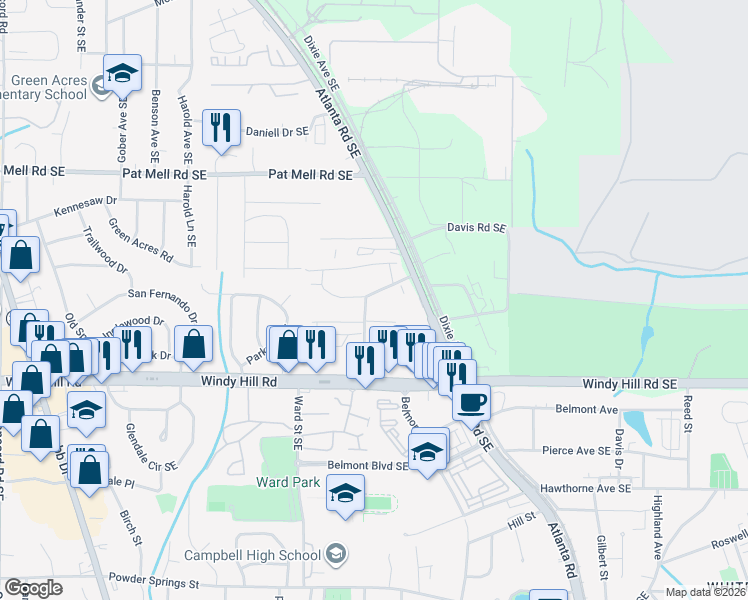 map of restaurants, bars, coffee shops, grocery stores, and more near 2285 Belmont Circle Southeast in Smyrna